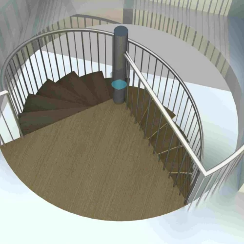 Render of steel timber glass spiral above
