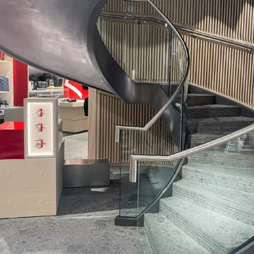 Victorinox Spiral UK Helical Staircase Bespoke Manufacturer cantilever floating stairs dog legged straight London Fit Out