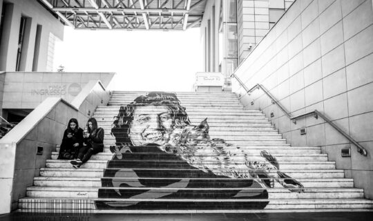 Stairs inside a train station with a portrait of a person holding a cat painted on them